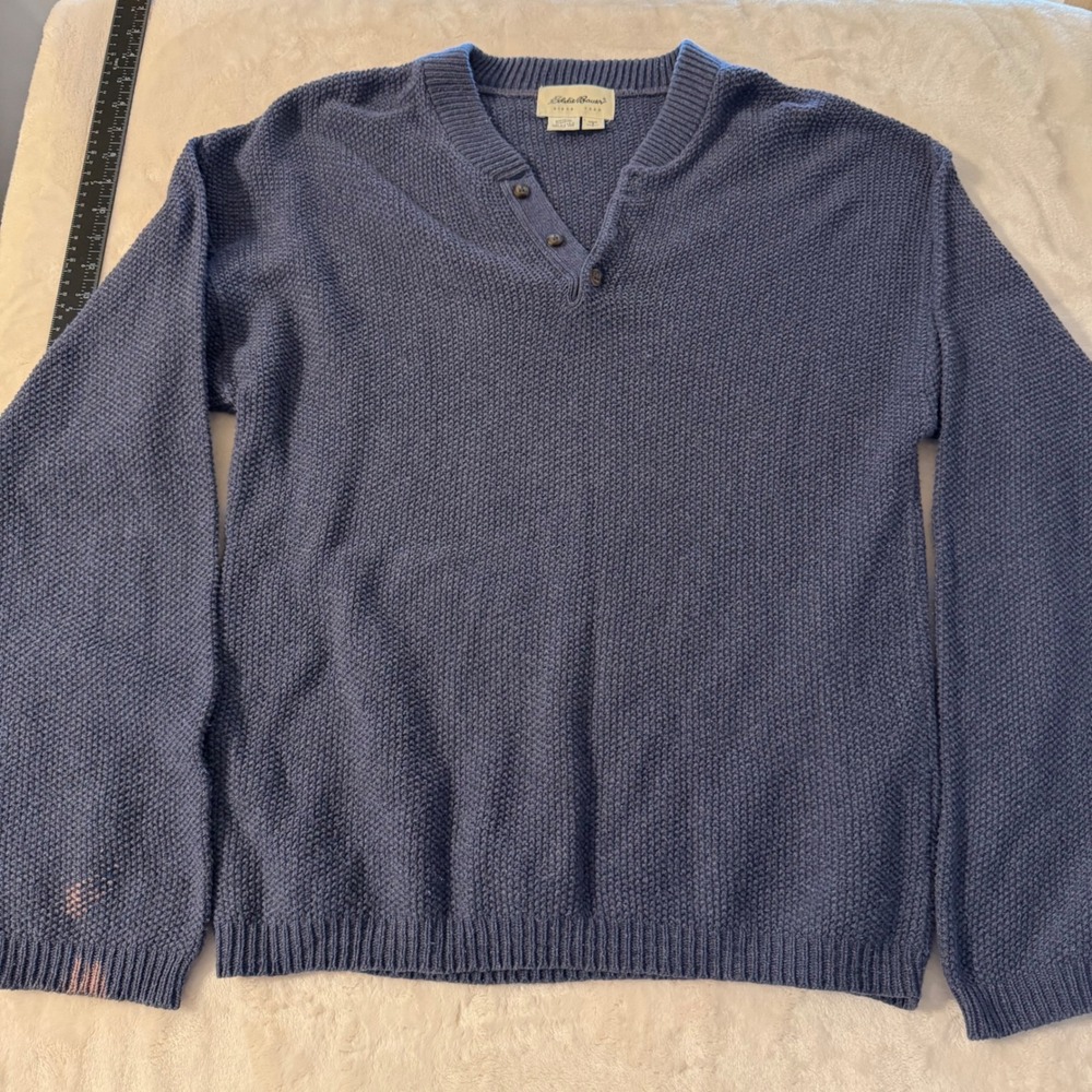 Eddie Bauer Mens Small Blue Cotton Blend Henley Sweater Textured Knit VDR 61404